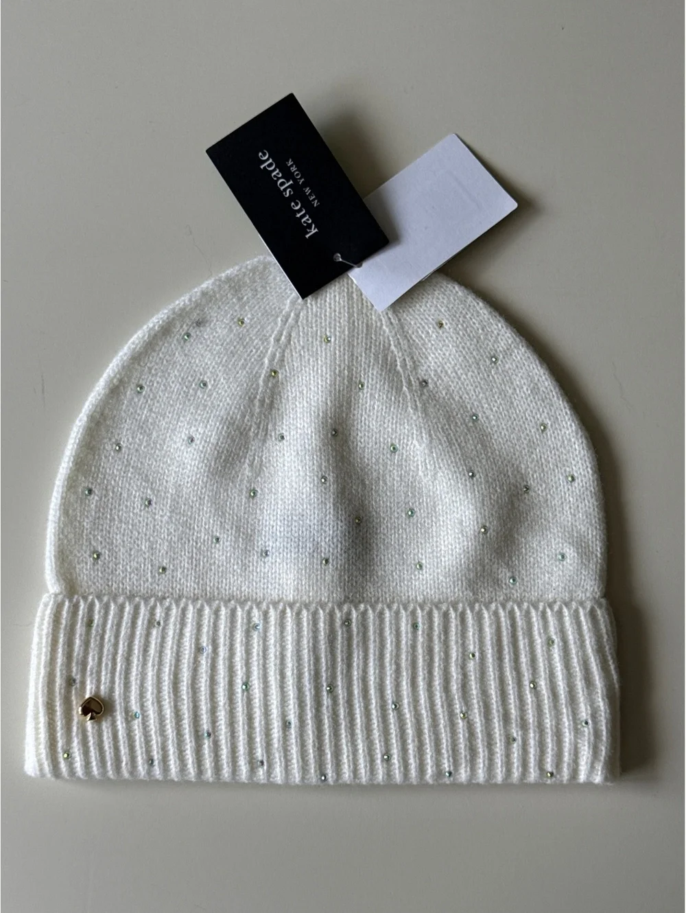 NWT Kate Spade New York White Flocked Spade Beanie with Rhinestones